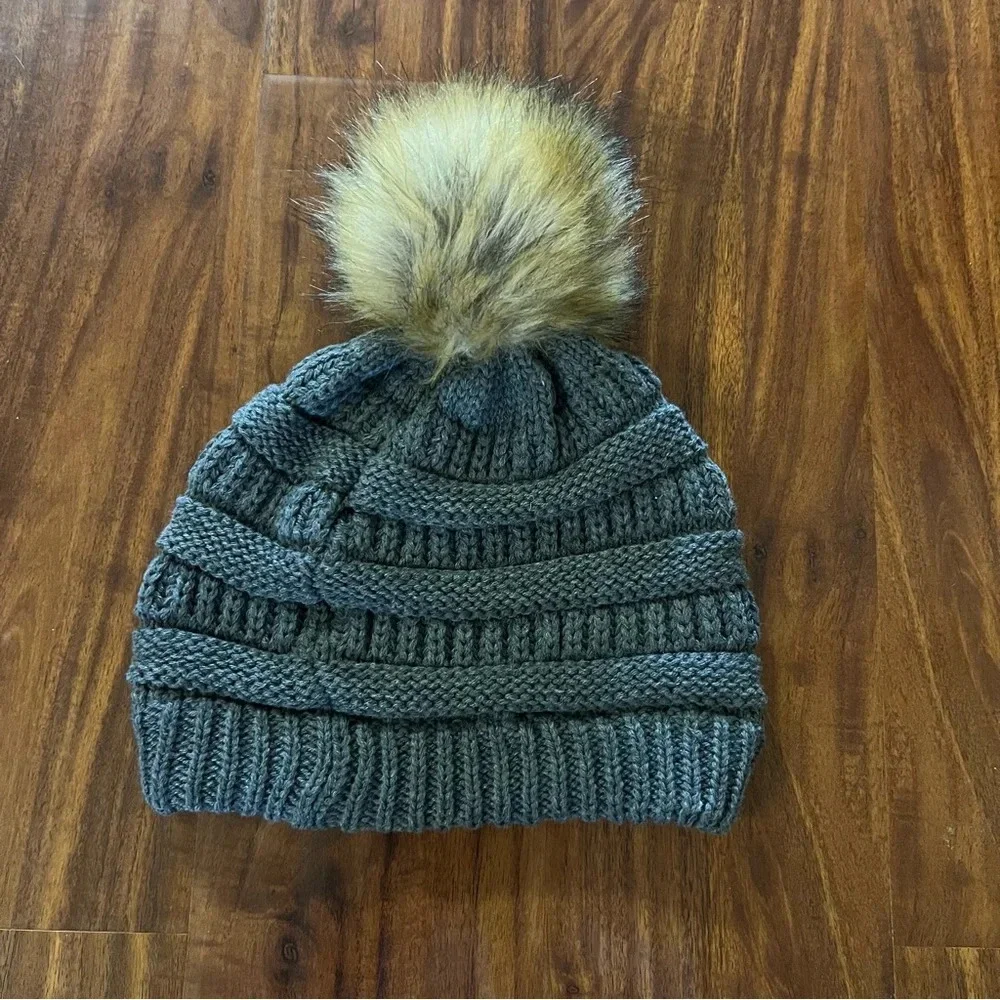 CC Grey Cable Knit Faux Fur Pom Beanie with Tan Pom Pom